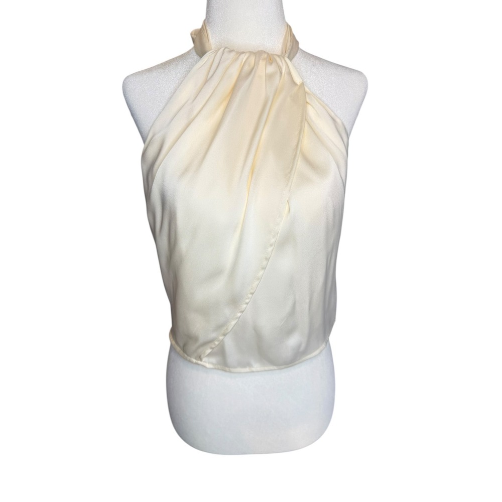 ASTR The Label Womens White Satin Halter Tie Neck Open Back Crop Top AT18222 M